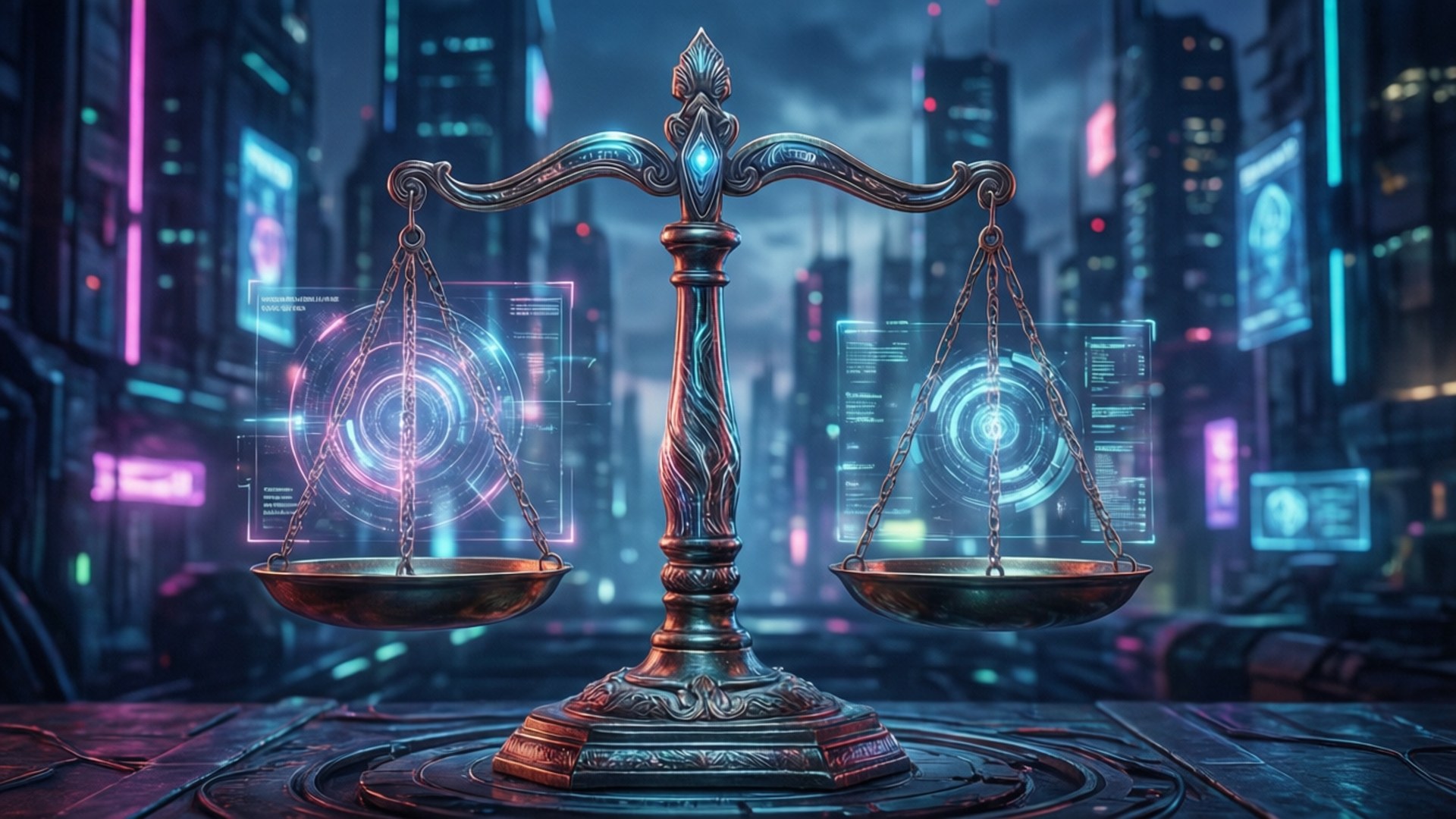 Cyberpunk Libra Future 壁紙 — 一個華麗的正義天秤在霓虹燈照亮的賽博龐克城市景觀中保持平衡，周圍有全息界面發光。