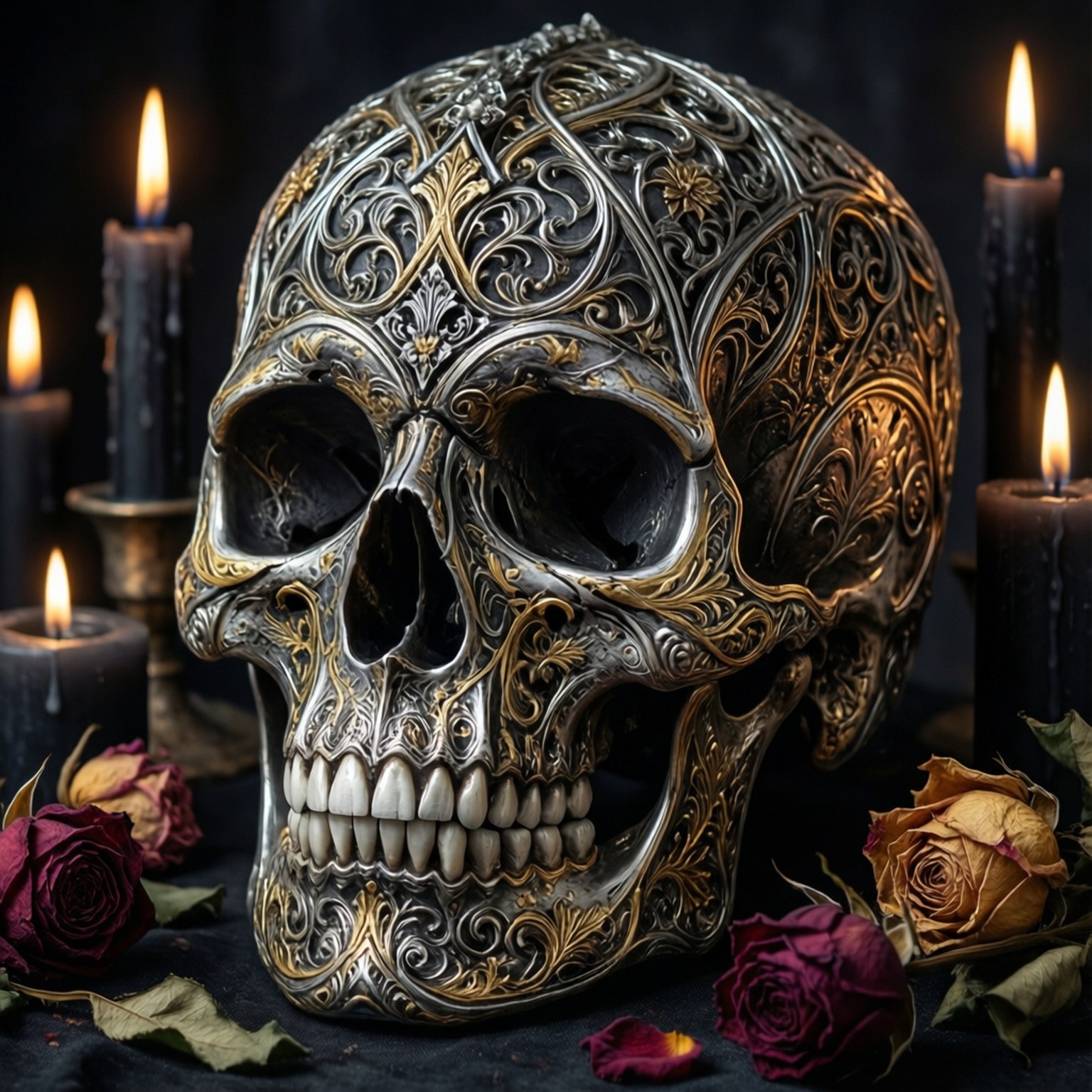 Skull and Candles 壁紙 — 一個華麗的銀色和金色頭骨，帶有精緻的金銀絲細工圖案，放置在乾燥玫瑰和閃爍的黑色蠟燭之間。