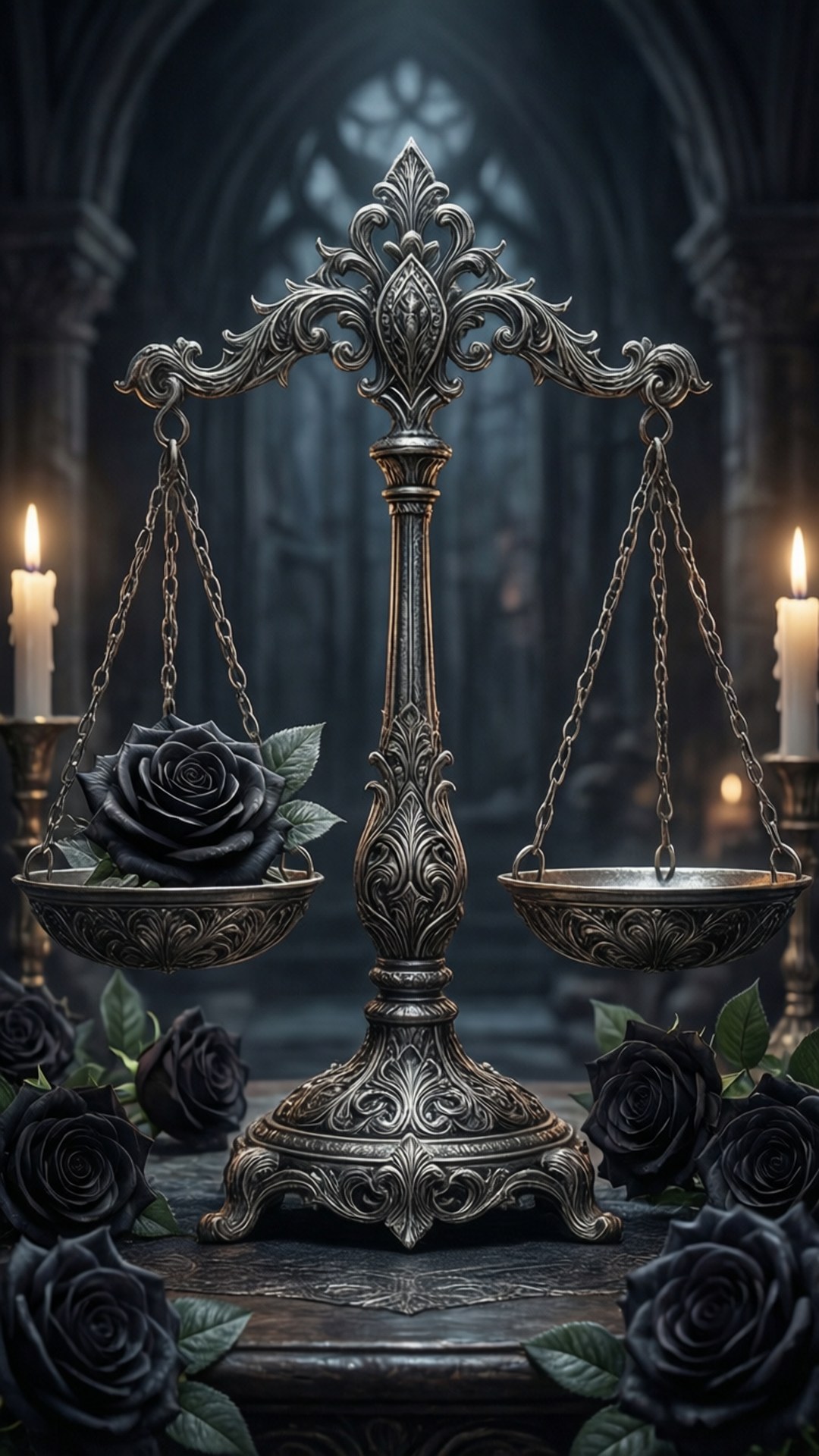 Gothic Silver Scales 壁紙 — 在燭光照亮的哥德式大教堂中，一個華麗的銀色天秤將一朵黑玫瑰與虛空平衡。