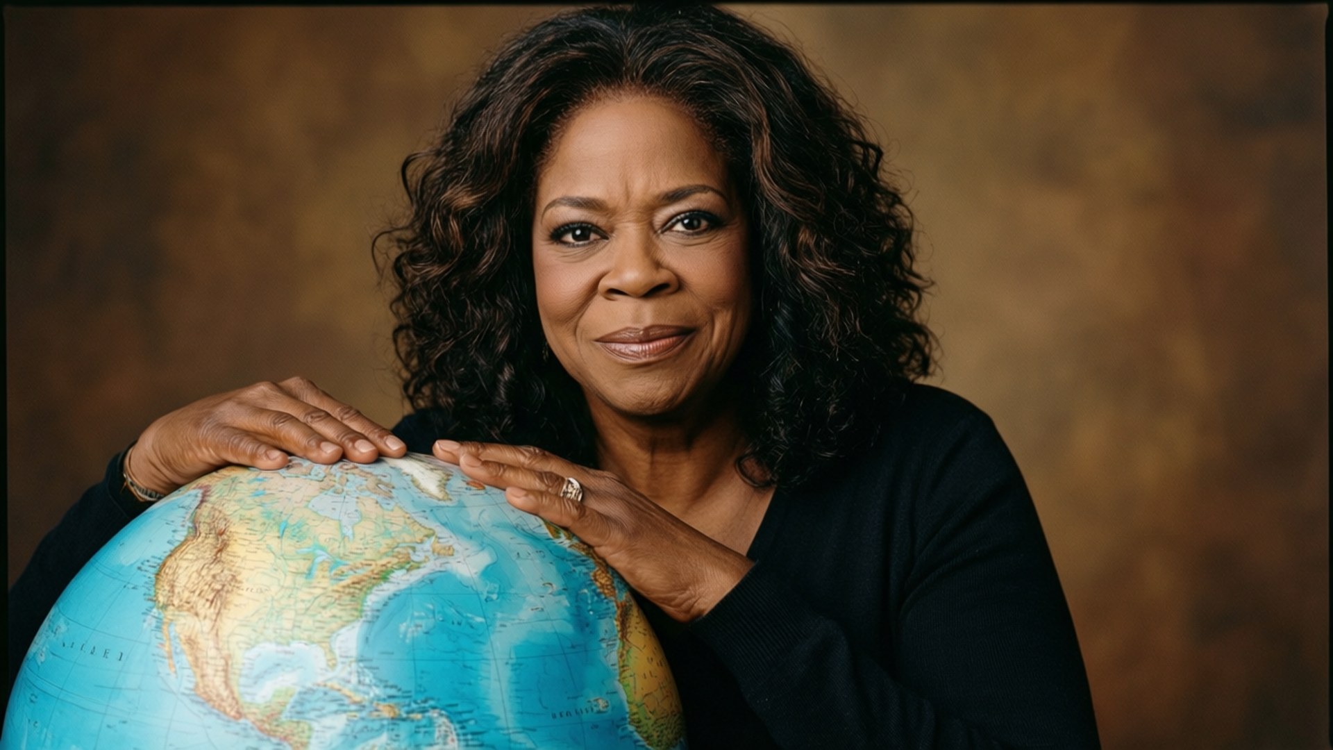 Philanthropy Globe 壁紙 — 歐普拉·溫芙蕾溫柔地懷抱著一個藍色地球儀，背景是溫暖的棕色，表情平靜。