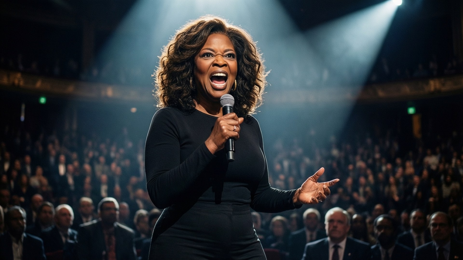 Oprah's Inspiring Speech 壁紙 — 歐普拉·溫芙蕾在一個大劇院中，在明亮的舞台燈光下，對著擠滿觀眾的場地，熱情地對著麥克風說話。