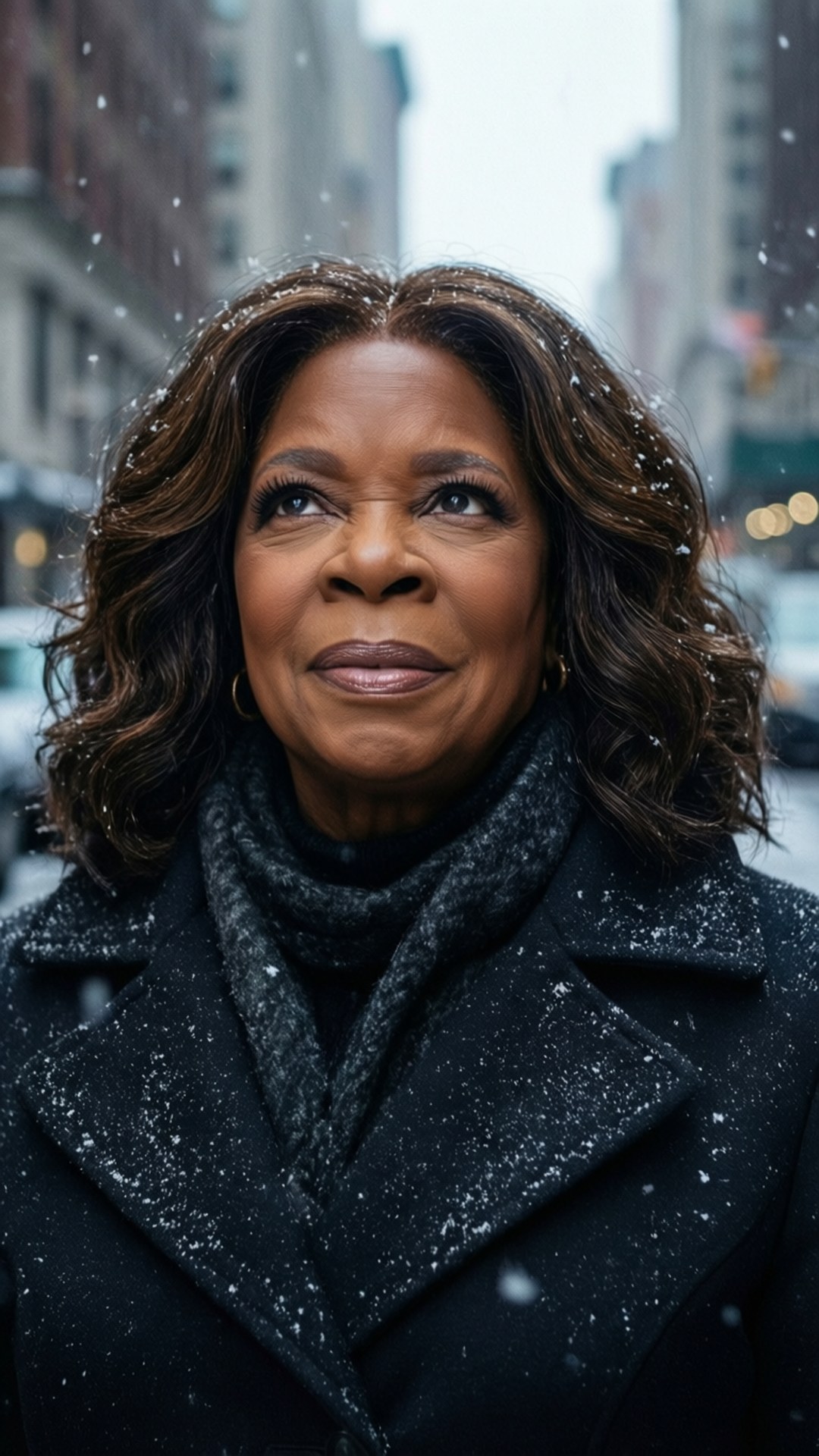 Oprah Winter 壁紙 — 歐普拉·溫芙蕾站在白雪覆蓋的城市街道上，身穿深色外套和圍巾，雪花在她周圍飄落。