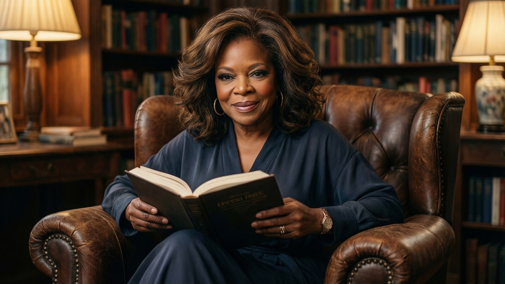 Oprah in the Library 壁紙 — 歐普拉·溫芙蕾坐在舒適圖書館的皮扶手椅上，拿著一本打開的書，兩側有溫暖的燈光閃爍。