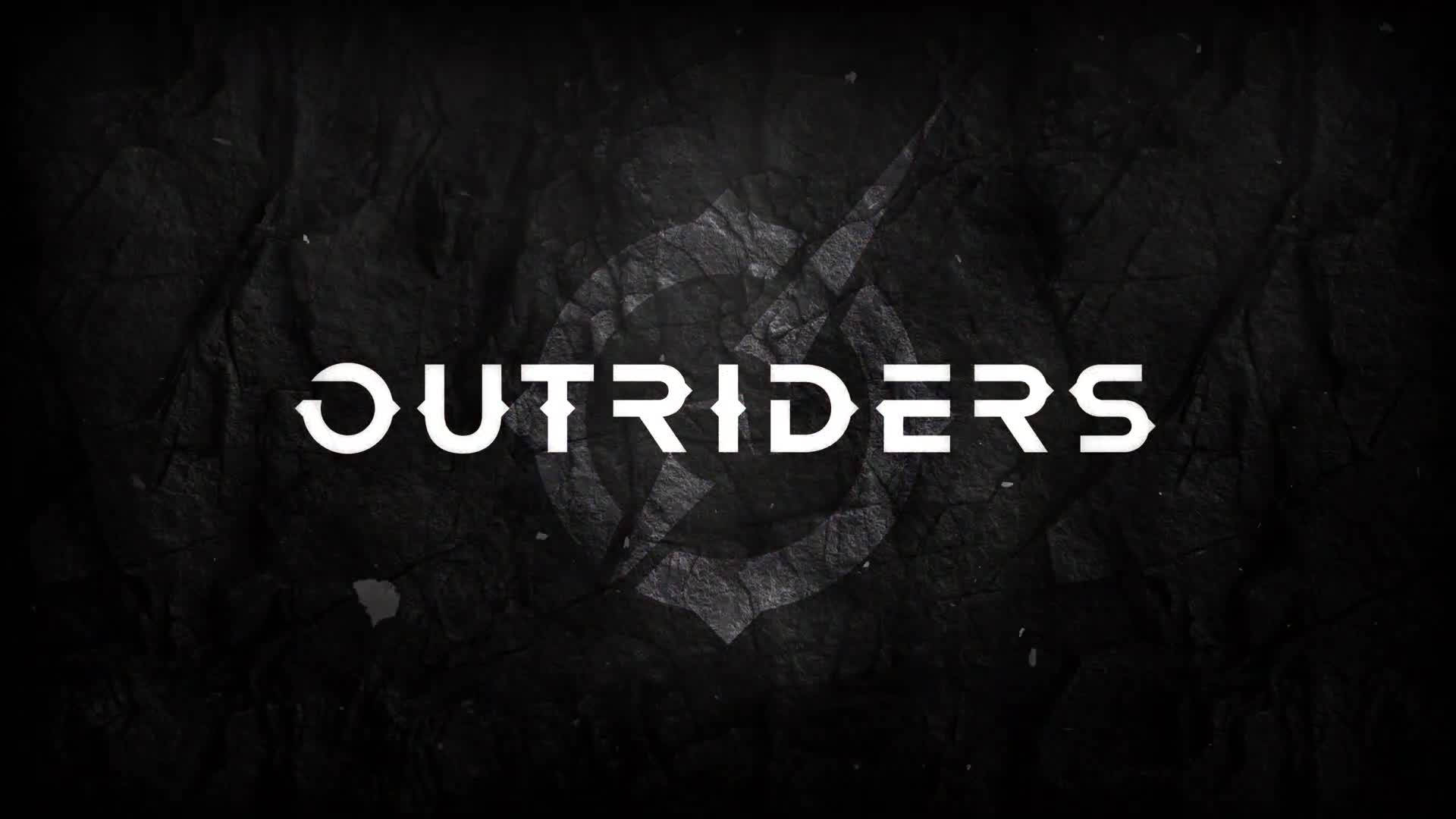 Outriders 桌布 壁紙 — 「OUTRIDERS」一詞以粗體白色字體在深色裂紋紋理背景上突出顯示。