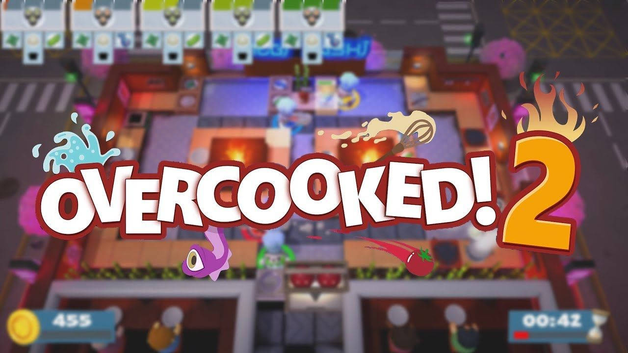 Overcooked 桌布 壁紙 — 《Overcooked 2》中混亂的廚房場景，食物四處飛舞，廚師們忙碌不已，以色彩繽紛的卡通風格呈現。