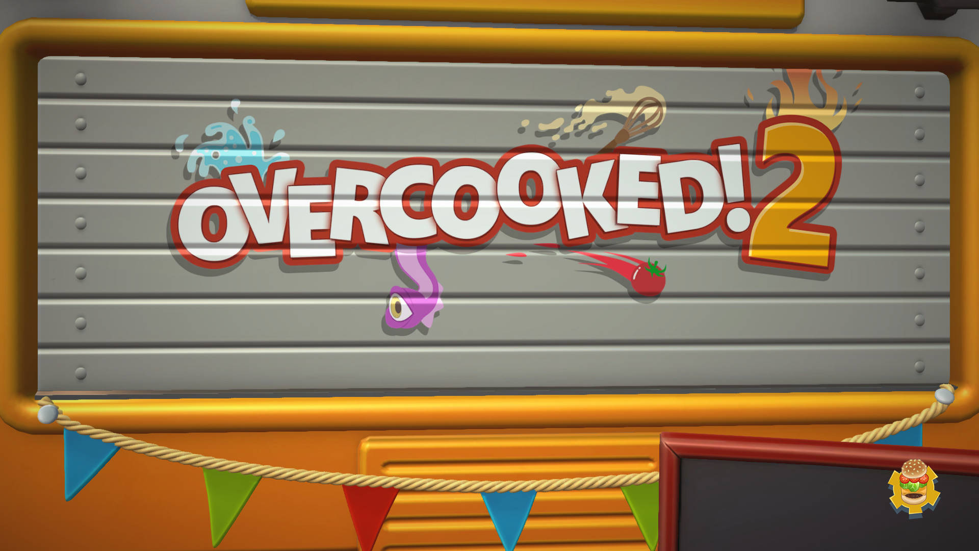 Overcooked 桌布 壁紙 — Overcooked 2 充滿活力的標題畫面顯示卡通食物在波紋金屬背景上的粗體文字周圍飛濺。