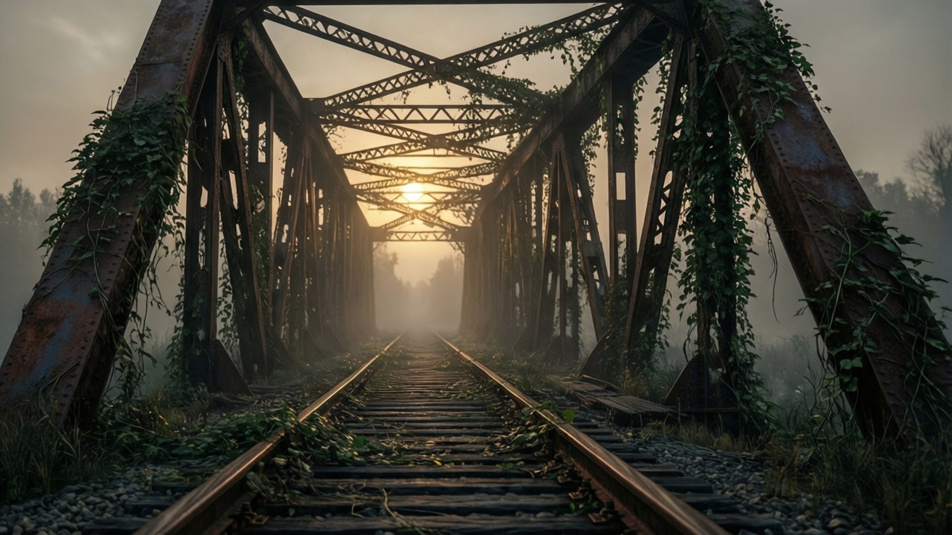 Forgotten Railway Bridge 壁紙 — 雜草叢生的火車軌道穿過生鏽的金屬橋，霧濛濛的黎明光線穿過桁架。
