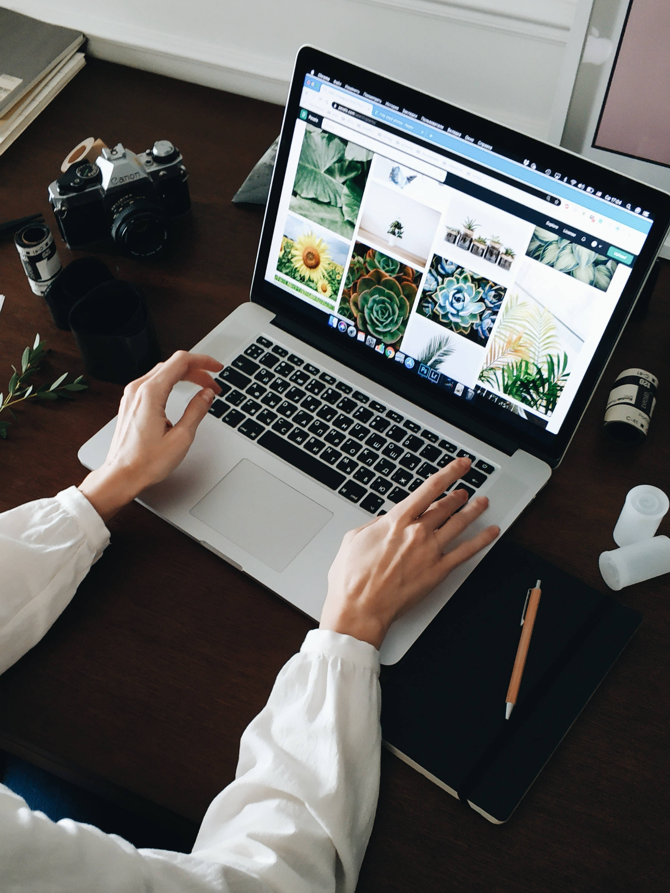 typing 桌布 壁紙 — Overhead view of hands typing on a laptop displaying a grid of vibrant plant wallpapers on a wooden desk with a vintage camera nearby.
