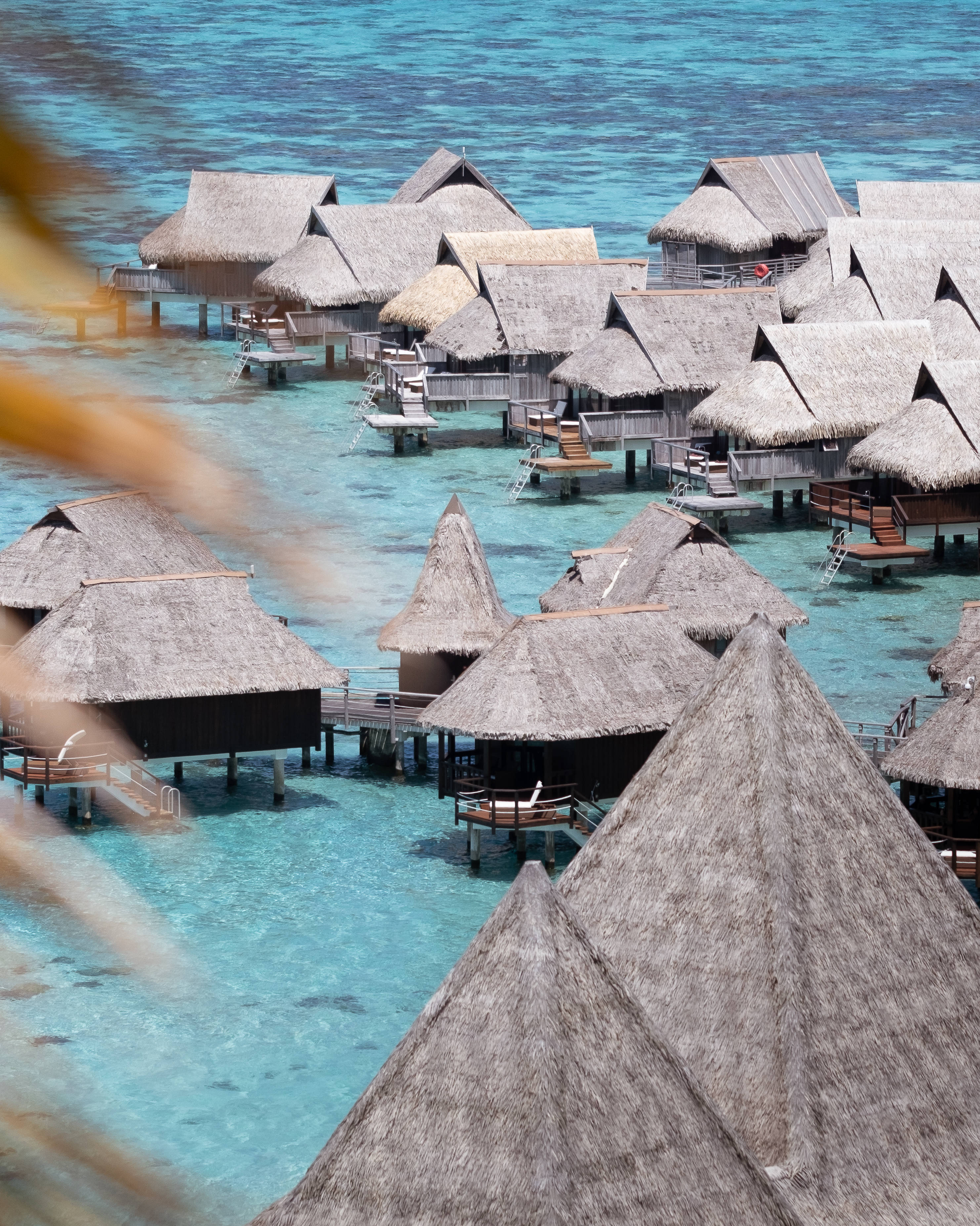 french 桌布 壁紙 — Overhead view of thatched-roof overwater bungalows floating on crystal clear turquoise lagoon water.
