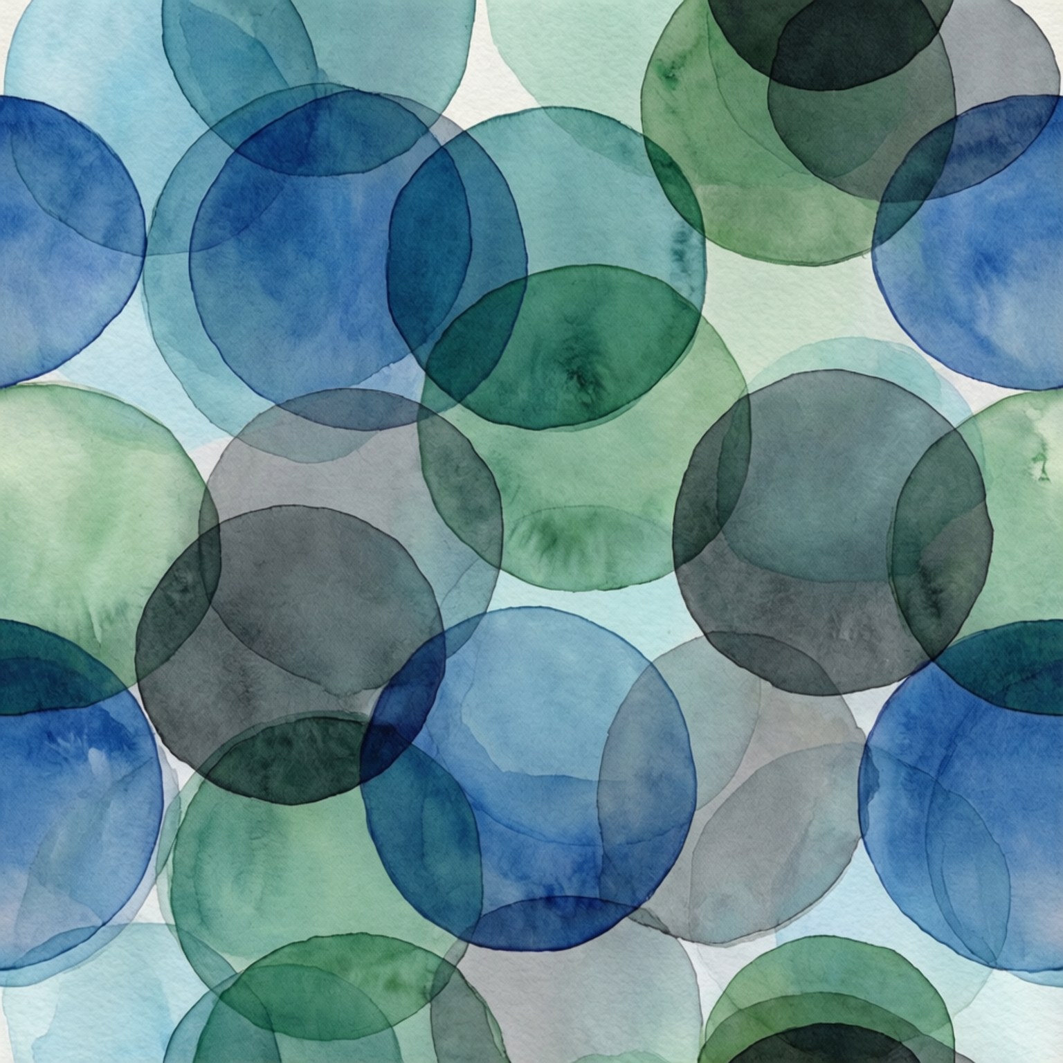 Modern Blue Circles 壁紙 — 重疊的半透明水彩圓圈，以藍色和綠色色調浮在淡色背景上。