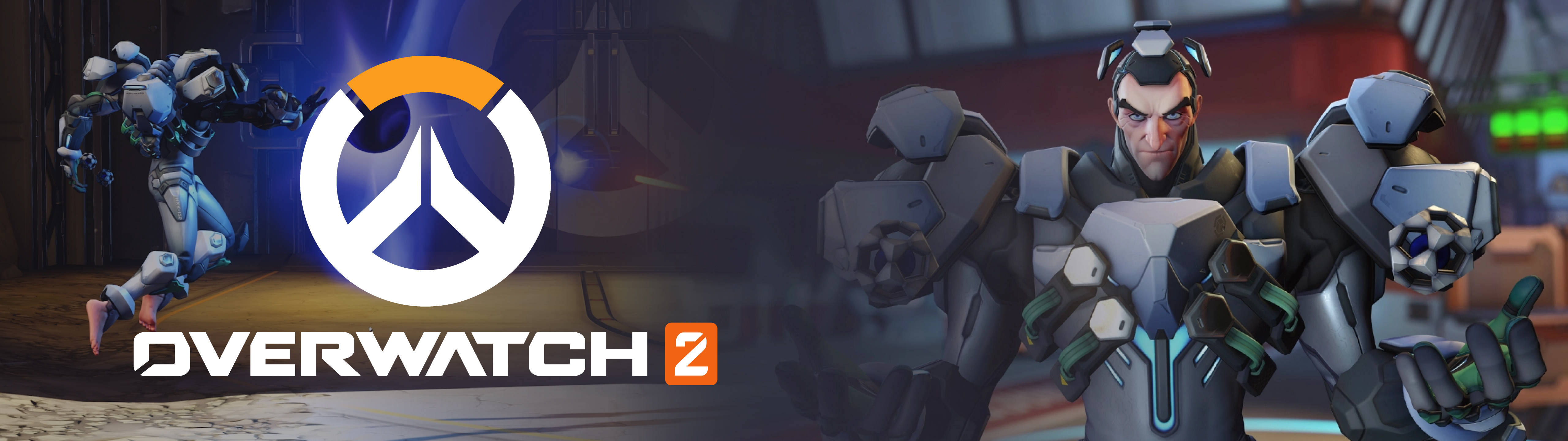 5120x1440 gaming 桌布 壁紙 — Overwatch 2 標誌，兩個裝甲英雄在未來科幻場景中，帶有發光燈光和金屬質感。