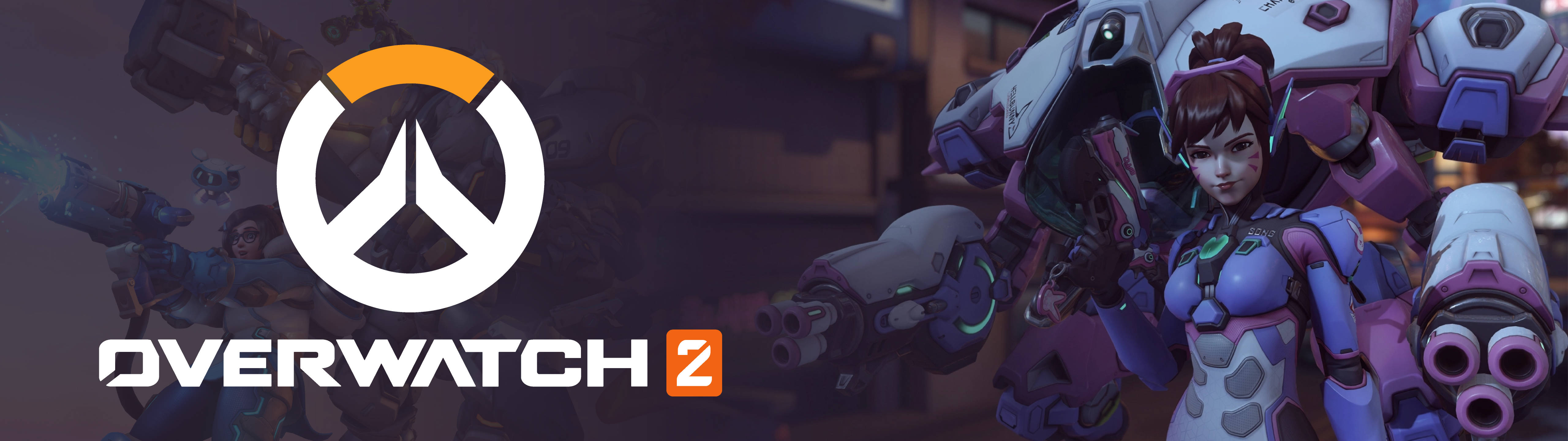 5120x1440 gaming 桌布 壁紙 — Overwatch 2 標誌，英雄角色身穿未來戰鬥裝備，背景為黑暗都市。
