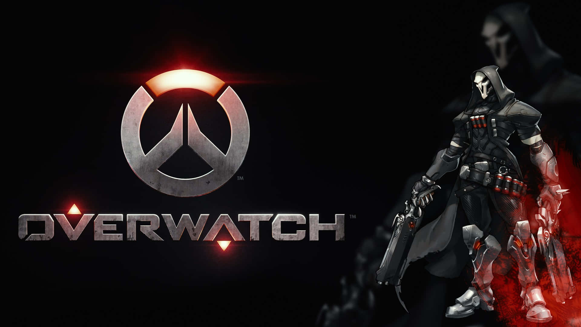 鬥陣特攻 桌布 壁紙 — Overwatch 標誌在黑暗背景中，旁邊有一個戴著連帽的士兵，帶有紅色發光效果，發出紅色光芒。