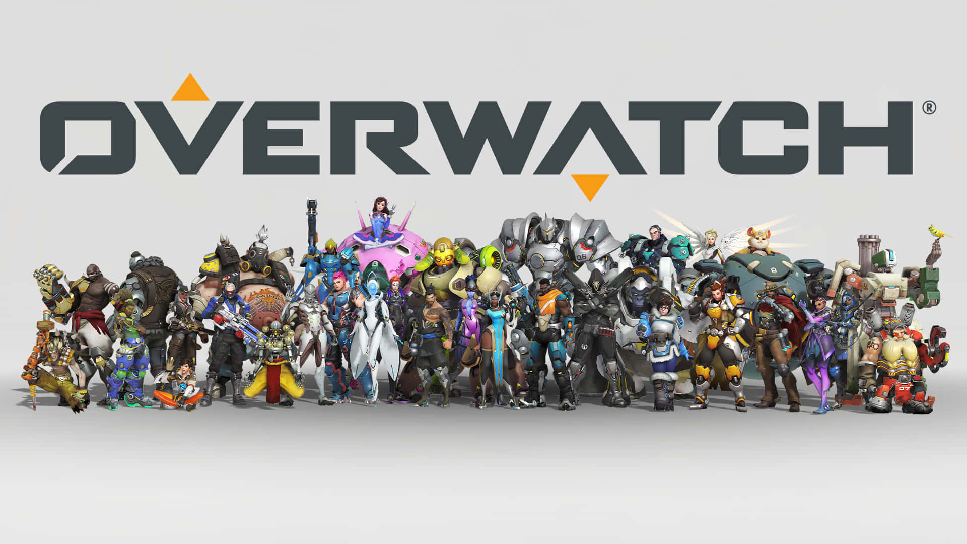 鬥陣特攻 桌布 壁紙 — Overwatch 遊戲標誌，所有英雄角色排成一排，背景為純灰色。