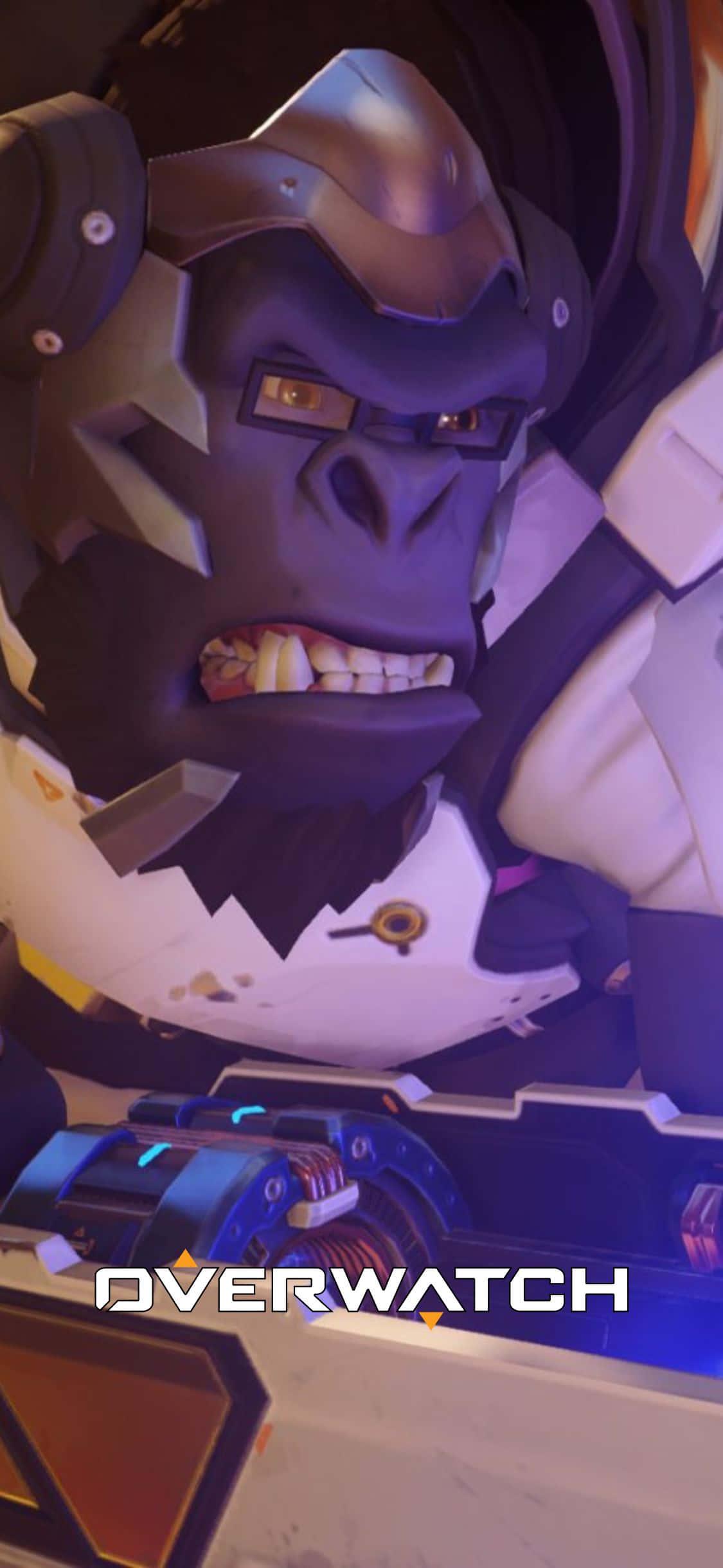 iPhone X Overwatch 桌布 壁紙 — Overwatch角色溫斯頓的近距離特寫，表情兇猛，眼睛發光，身處高科技駕駛艙內。