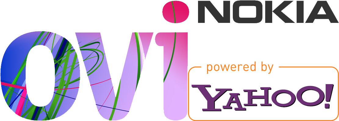雅虎 桌布 壁紙 — Ovi Nokia powered by Yahoo 的鮮豔標誌，O 和 Vi 字母內有色彩繽紛的抽象漩渦。