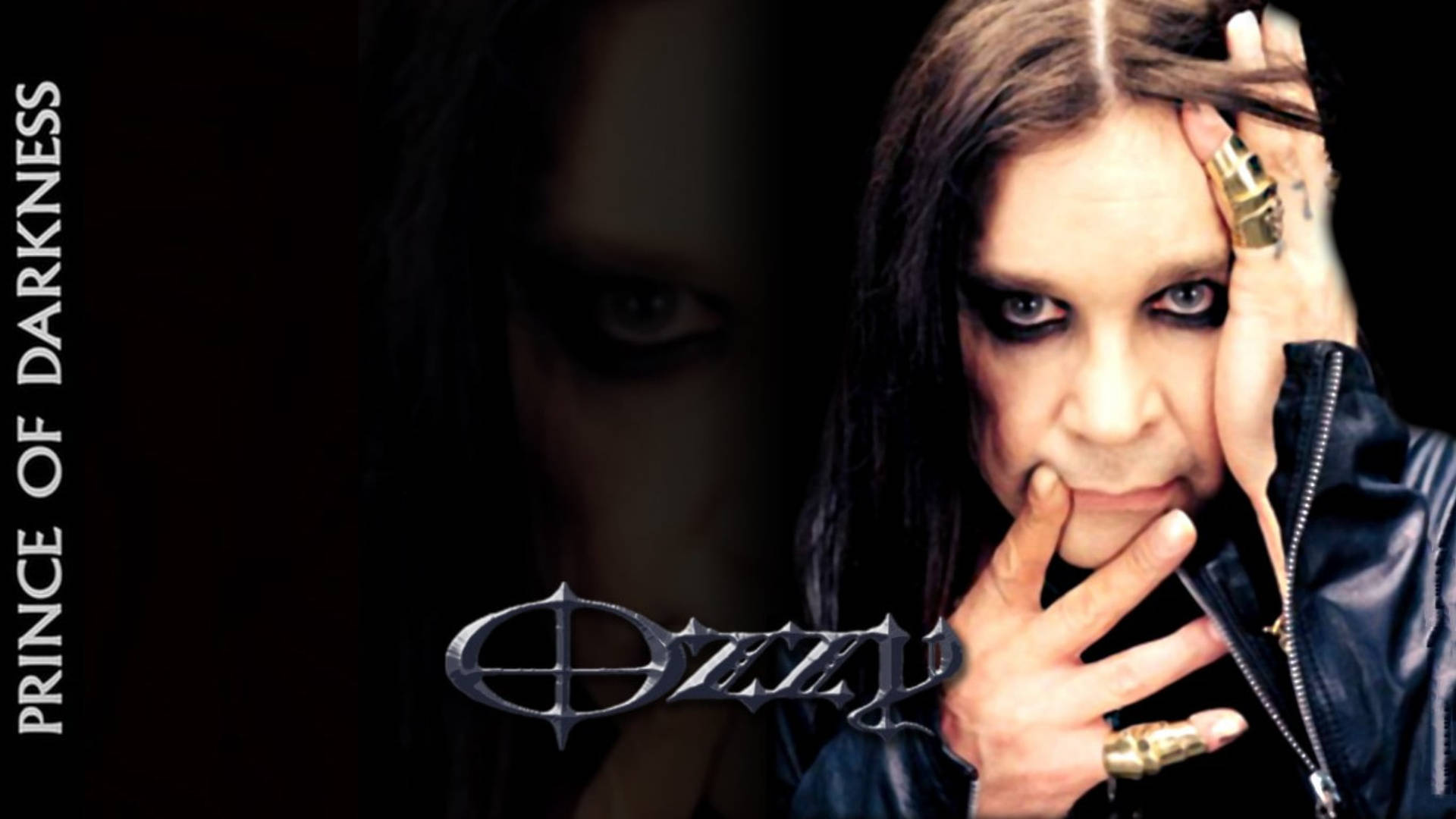 Ozzy Osbourne 桌布 壁紙 — Ozzy Osbourne 以深色化妝和金戒指在黑色背景上強烈凝視，帶有他的名字標誌。