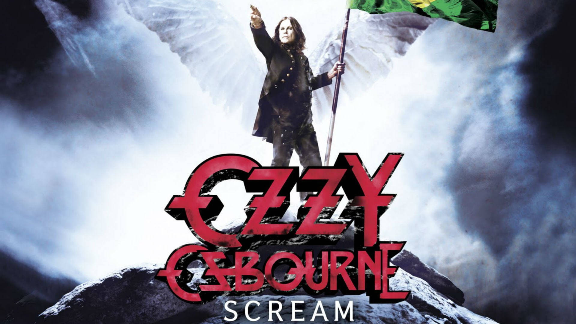 Ozzy Osbourne 桌布 壁紙 — Ozzy Osbourne 站在白雪覆蓋的山峰上，帶著天使翅膀和旗幟，在暴風雲的襯托下形成剪影，構成戲劇性的搖滾海報。