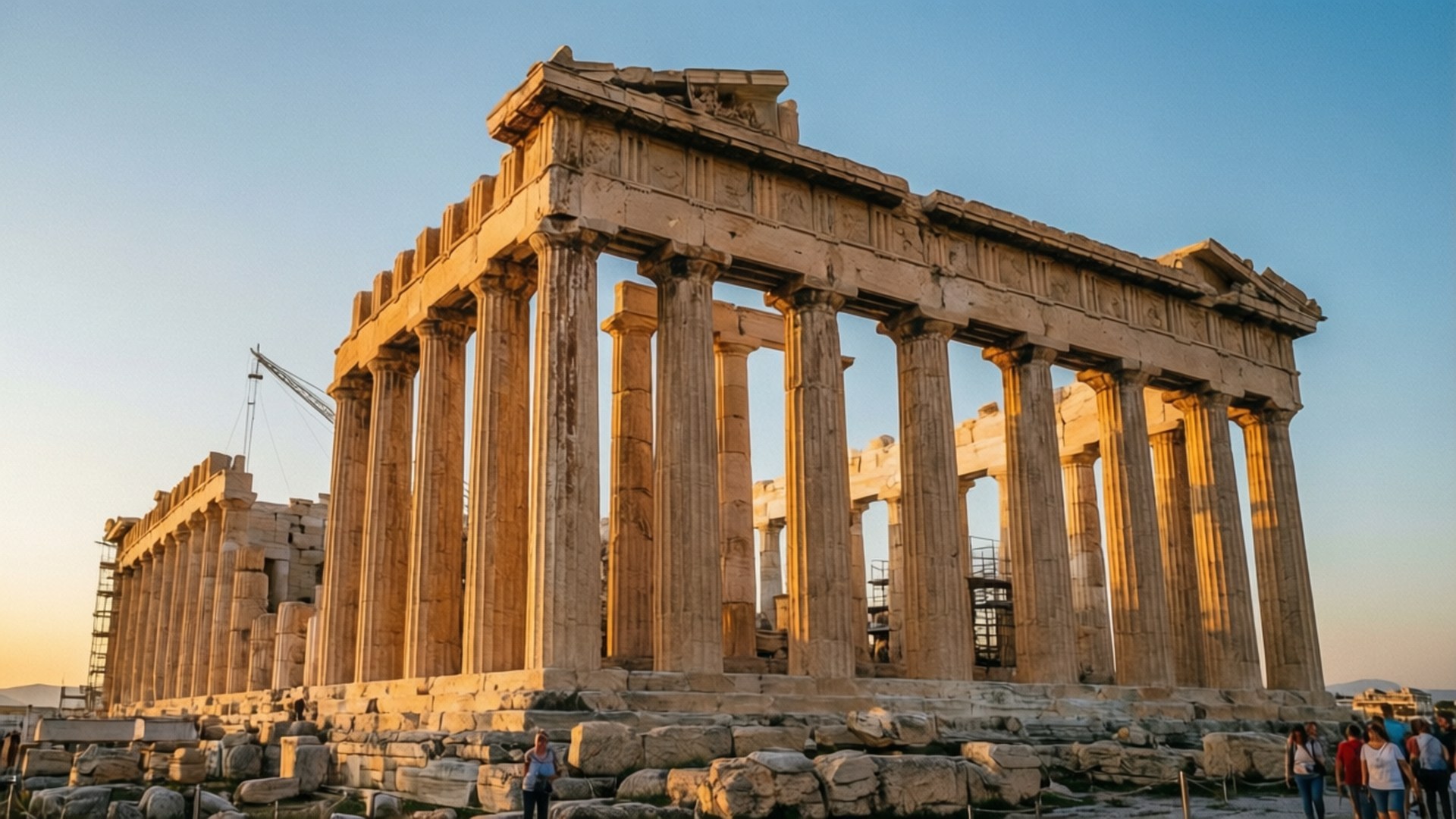 Acropolis Golden Hour 壁紙 — 帕德嫩神廟在日落時雄偉矗立，金色陽光沐浴其古老的大理石柱和石頭廢墟。