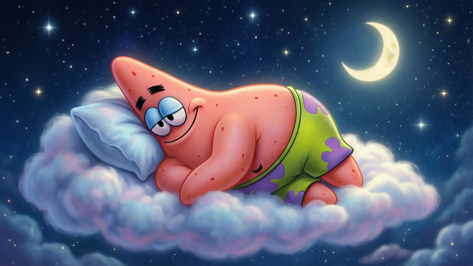 Sleeping Patrick on Cloud 壁紙 — 派大星在滿天星斗的夜空下，伴著新月，安詳地睡在 fluffy 的雲上。