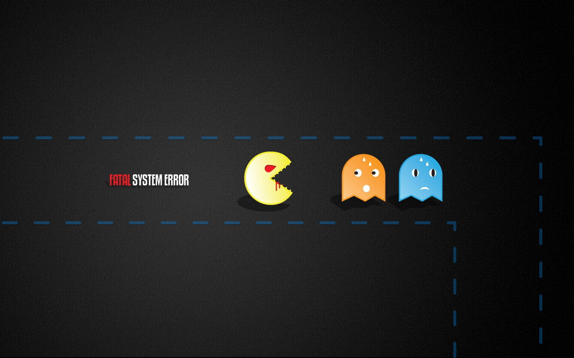Colorful Gaming 桌布 壁紙 — Pac-Man 和兩個驚恐的鬼魂站在一個深色紋理背景上的「致命系統錯誤」訊息前面。
