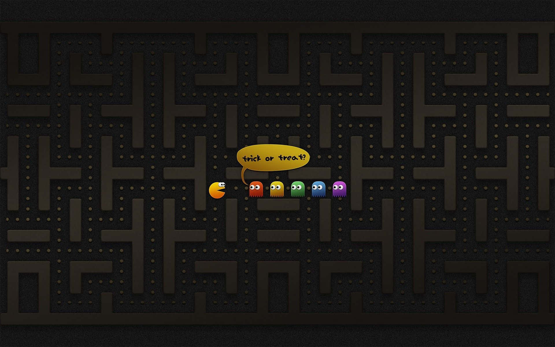 Funny Halloween 桌布 壁紙 — Pac-Man 和四個鬼魂在一個萬聖節主題迷宮中，帶有『trick or treat?』對話氣泡。