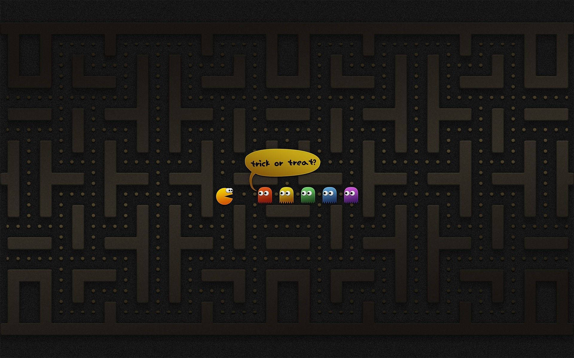 Pac-Man 和鬼魂在萬聖節主題迷宮中，有一個 trick or treat 對話氣泡。 — 萬聖節動圖 壁紙