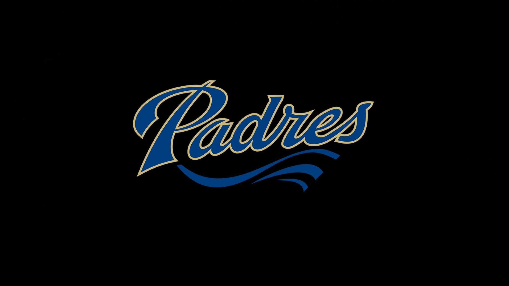 Padres 桌布 壁紙 — 「Padres」一詞以粗體藍色斜體字呈現，帶有金色邊框和波浪底線，居中於純黑色背景上。