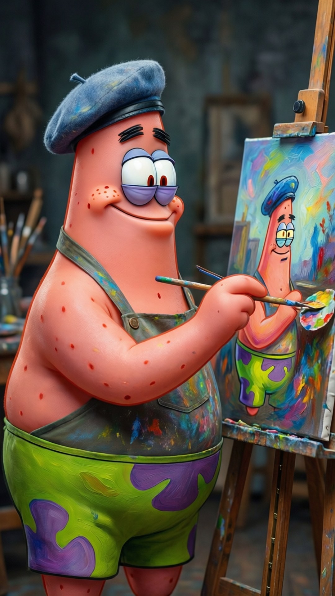 Artist Patrick Star 壁紙 — 派大星穿著畫家工作服和貝雷帽，在雜亂的工作室裡愉快地在畫架上畫自畫像。