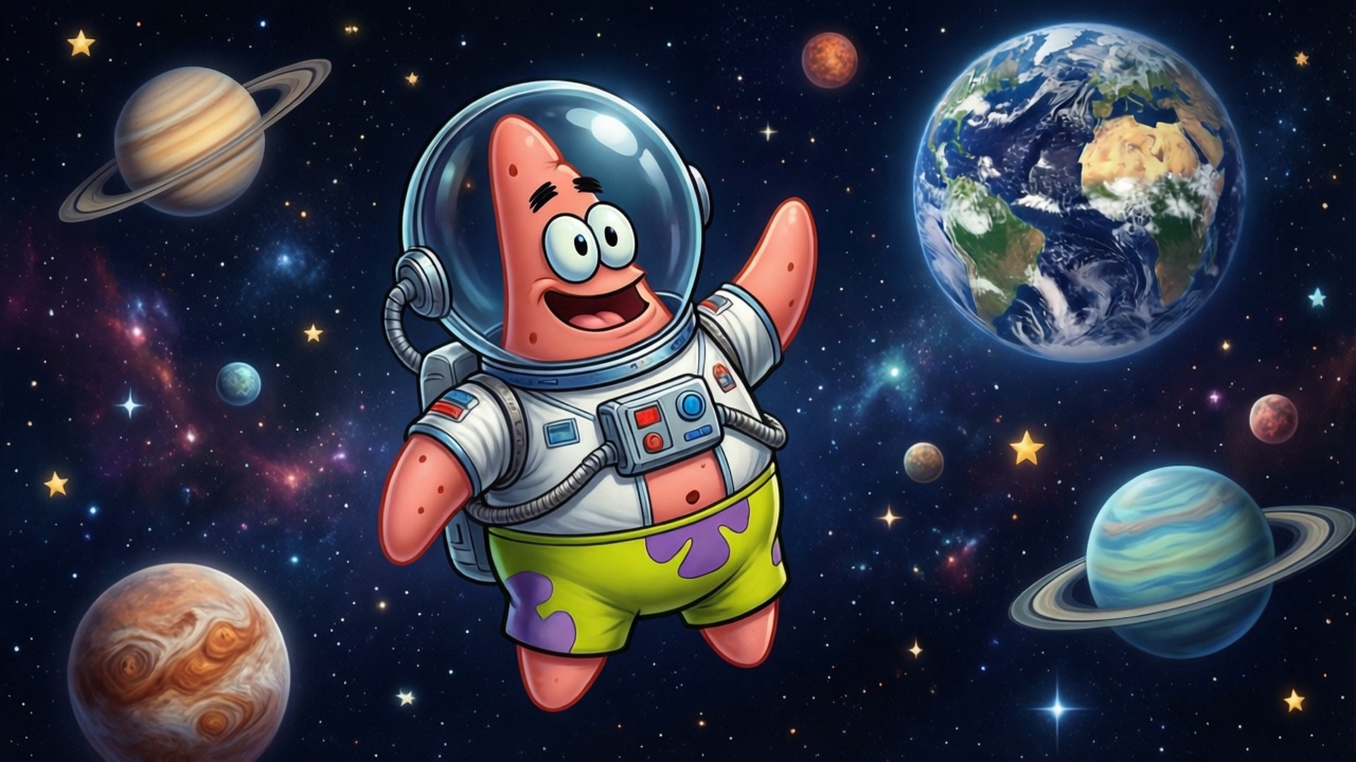 Astronaut Patrick Star 壁紙 — 派大星穿著卡通太空人服裝，在色彩繽紛的行星和星星之間快樂漂浮，構成充滿活力的太空場景。