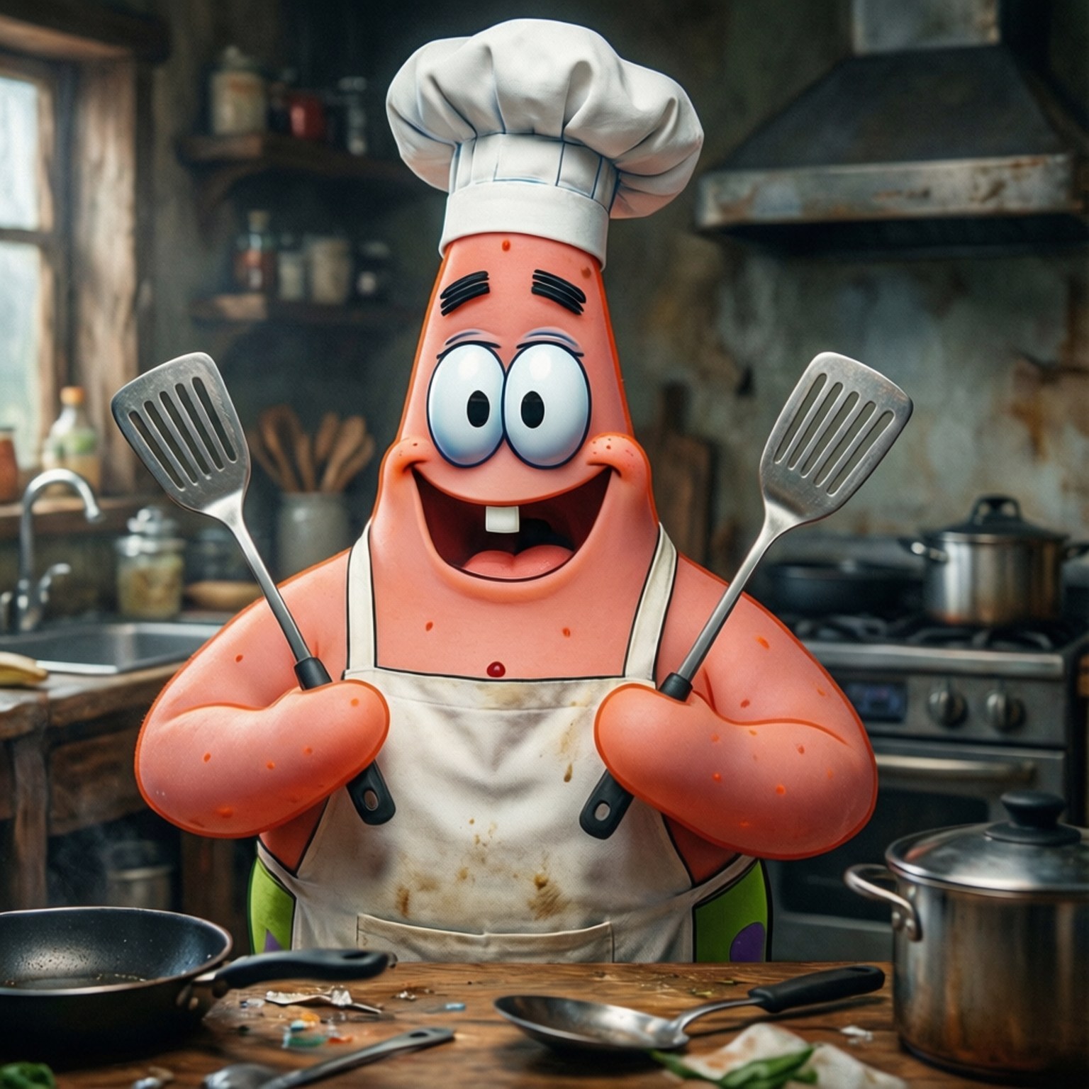 Chef Patrick Star 壁紙 — 派大星戴著廚師帽和圍裙，在雜亂的鄉村風格廚房裡高興地拿著兩把鍋鏟。
