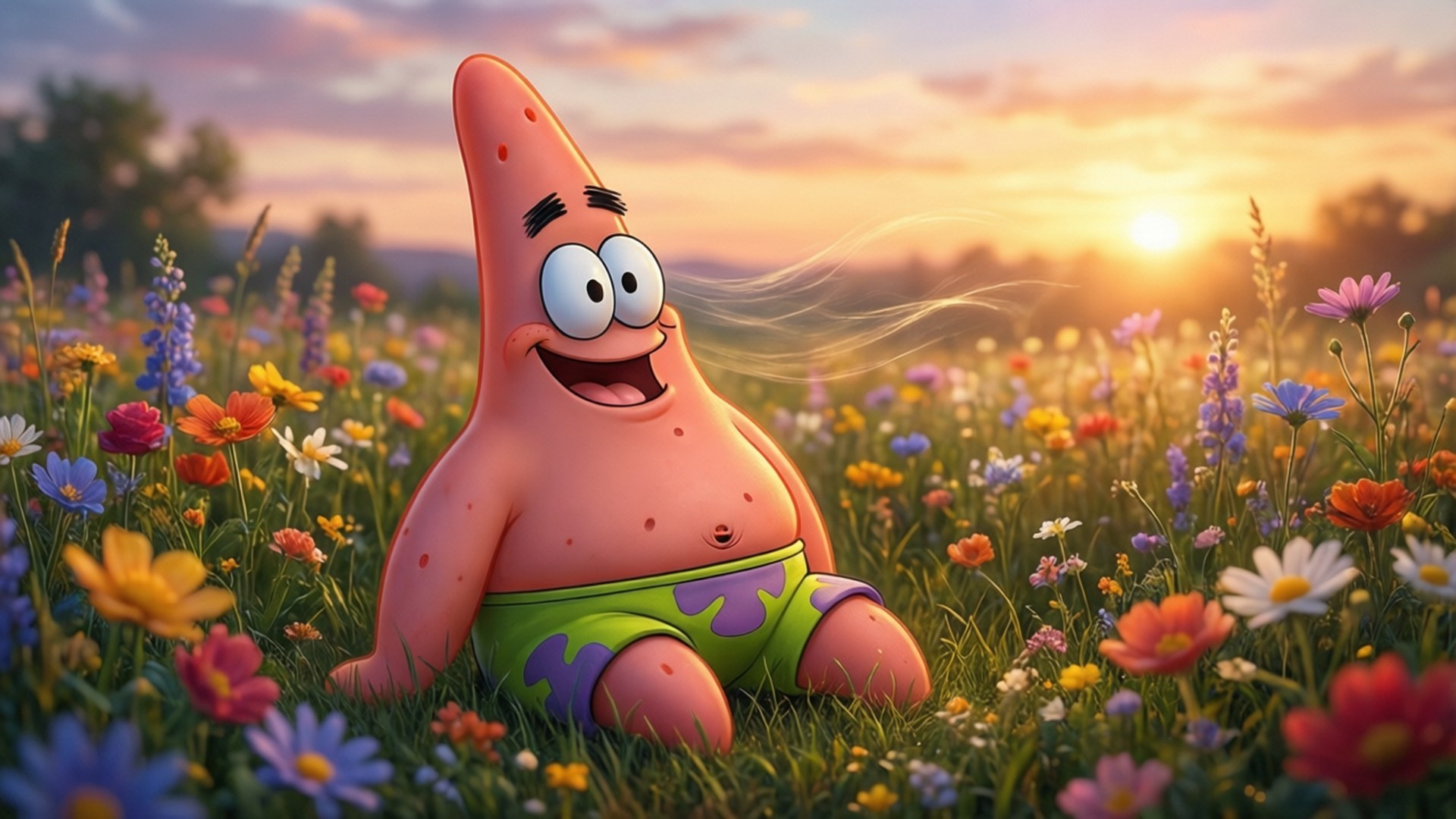 Happy Patrick in Flowers 壁紙 — 派大星在日落時分，陽光普照、長滿色彩繽紛野花的草地上開心地坐著。