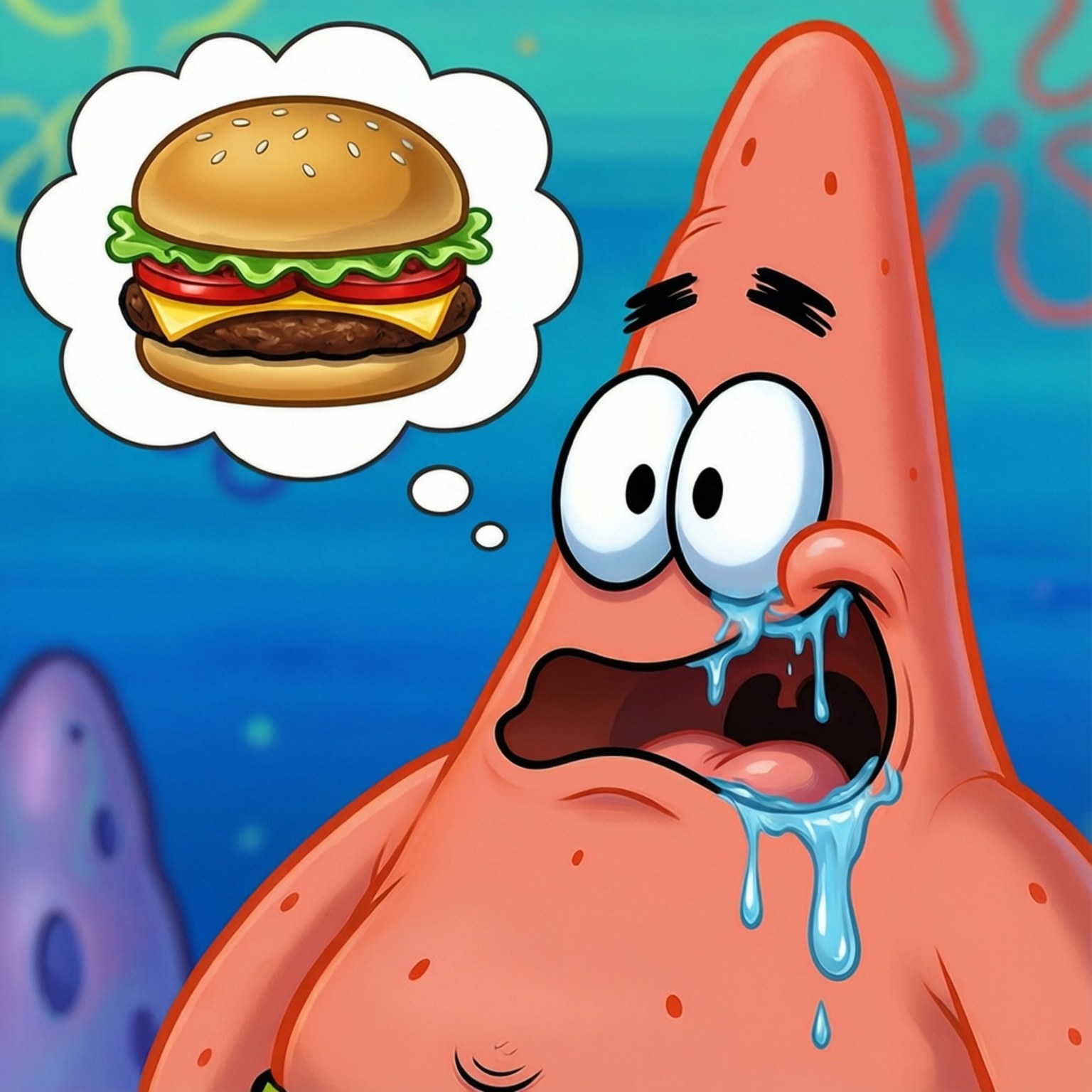 Hungry Patrick Star 壁紙 — 派大星在水下流口水，因為強烈的飢餓，一個漢堡漂浮在他的思想泡泡中。