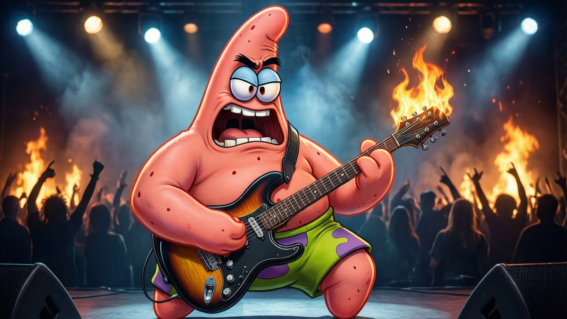Rock Star Patrick 壁紙 — 海綿寶寶中的派大星在演唱會舞台上，在歡呼的人群和聚光燈下彈奏一把燃燒的電吉他。