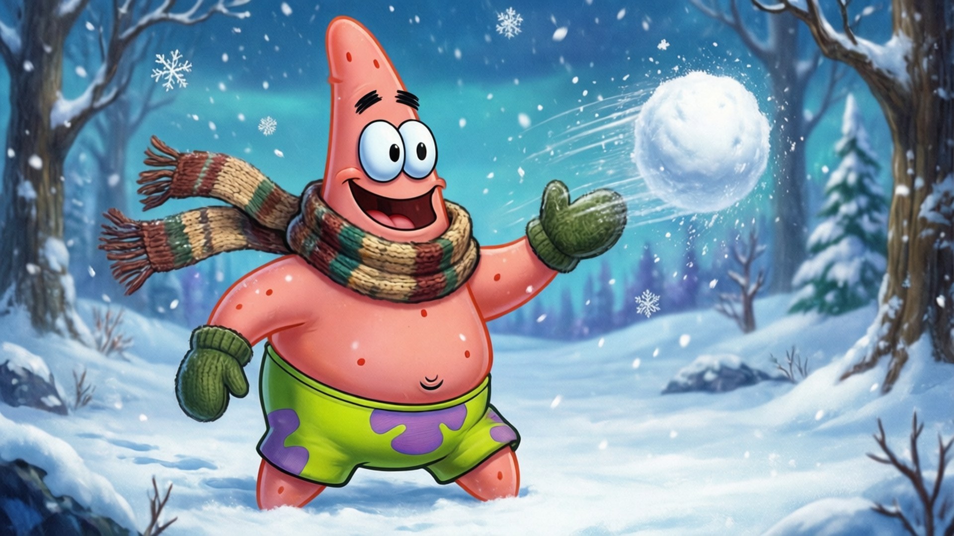 Winter Fun Patrick Star 壁紙 — 派大星在雪地森林中開心地扔雪球，雪花飄落，樹木光禿。