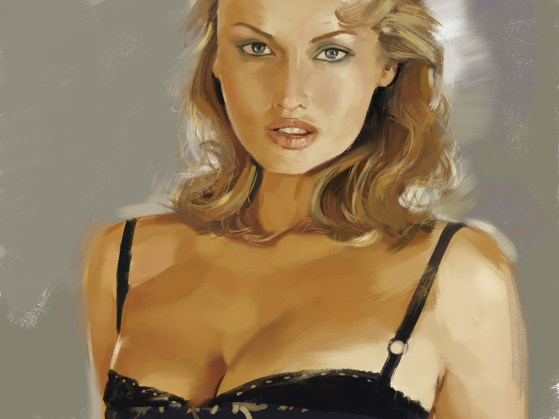  壁紙 — 一幅繪畫肖像，描繪一位金髮碧眼、身穿黑色蕾絲上衣的女性，背景為柔和的灰色。