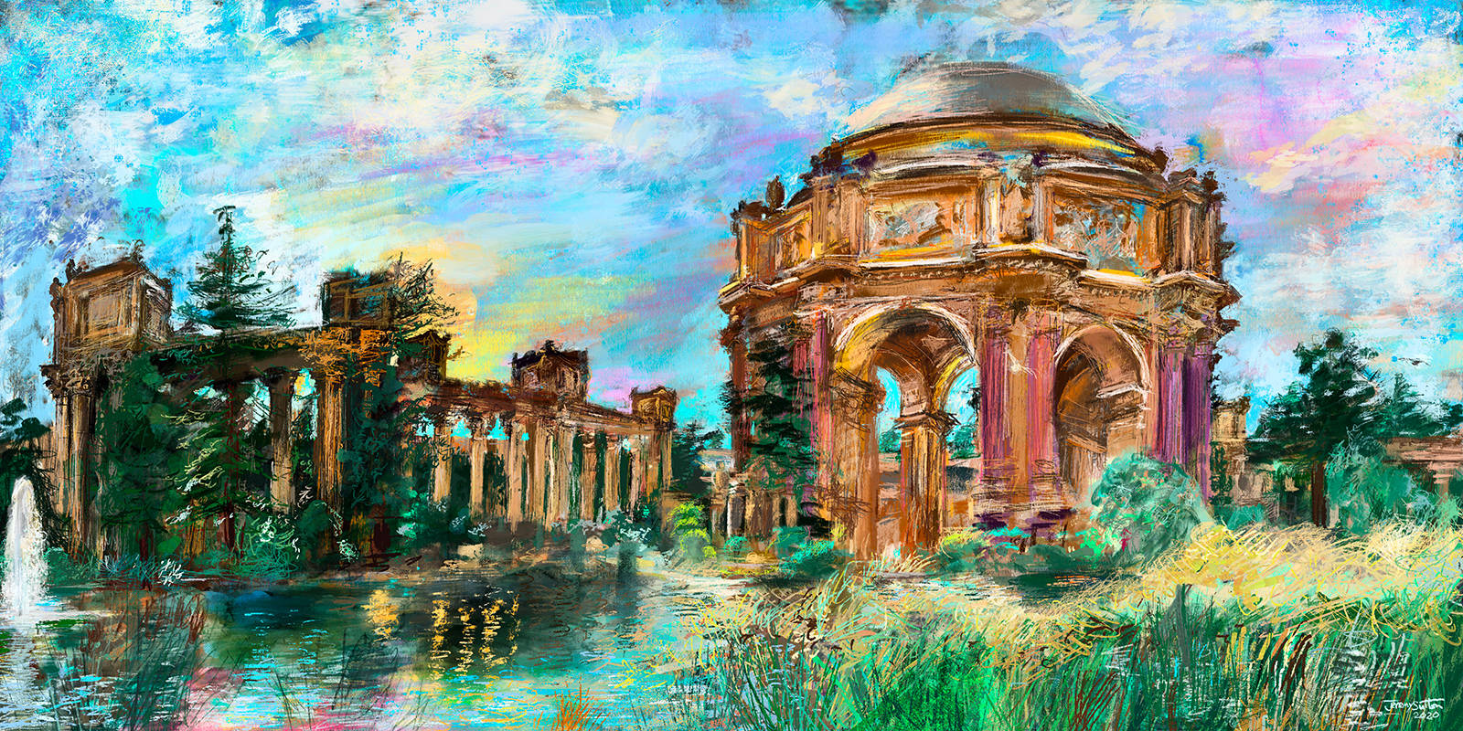藝術 桌布 壁紙 — Palace of Fine Arts 的鮮豔印象派畫作，色彩繽紛的天空和茂密的綠植倒映在水中。