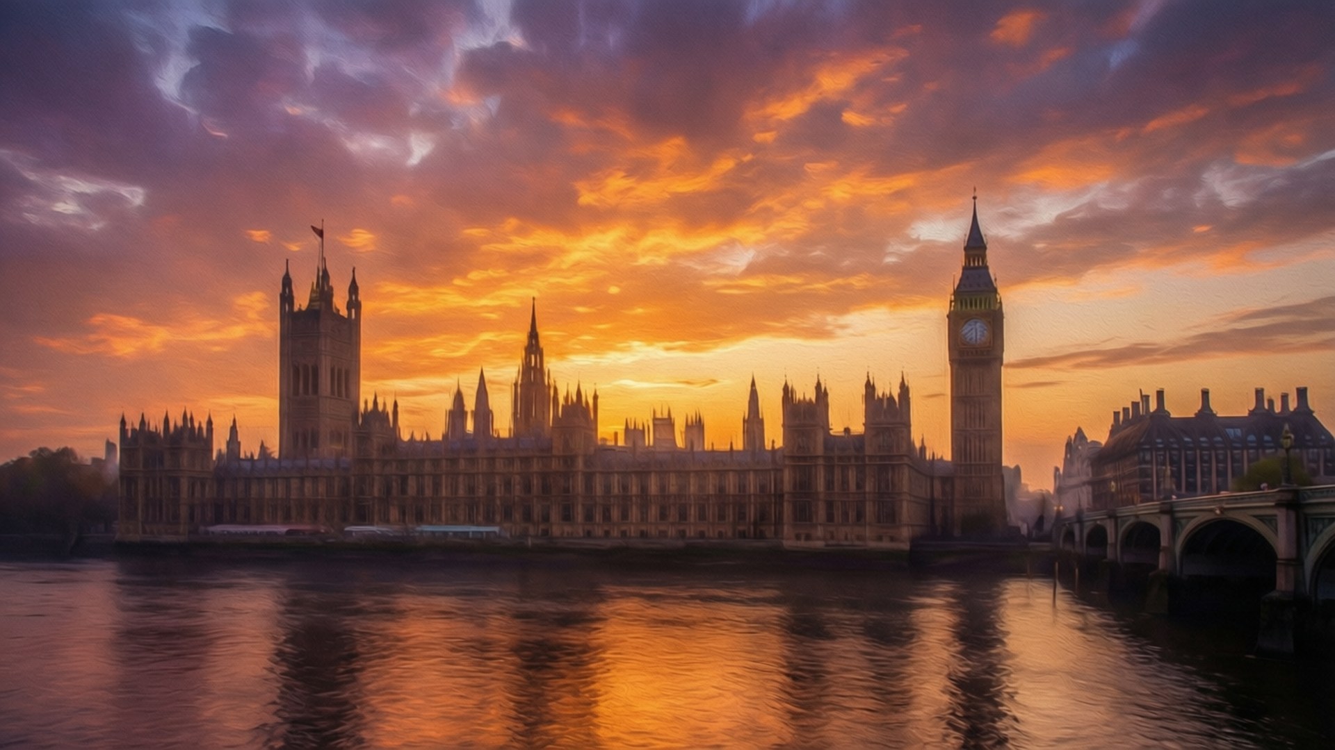 Parliament at Sunset 壁紙 — 西敏宮和大笨鐘在泰晤士河反射的熾熱橙色和紫色日落中呈現剪影。