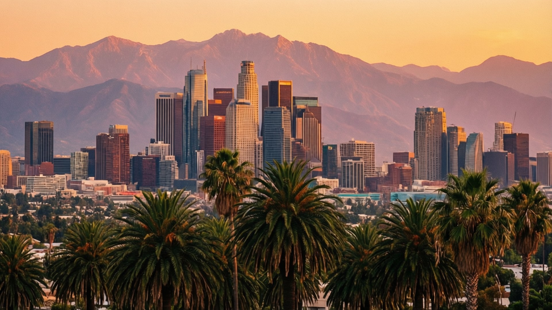 LA Skyline Dusk Palm 壁紙 — 棕櫚樹框出日落時分的城市天際線，山脈在摩天大樓後方以溫暖的橙色調發光。