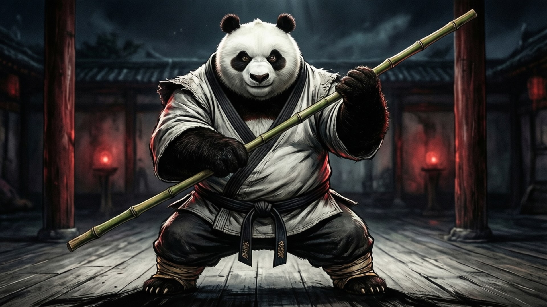 Gouhin's Dojo 壁紙 — 一隻穿著白色武術道服、繫著黑色腰帶的熊貓，在黑暗天空下由紅色燈籠照亮的道場中手持竹杖。