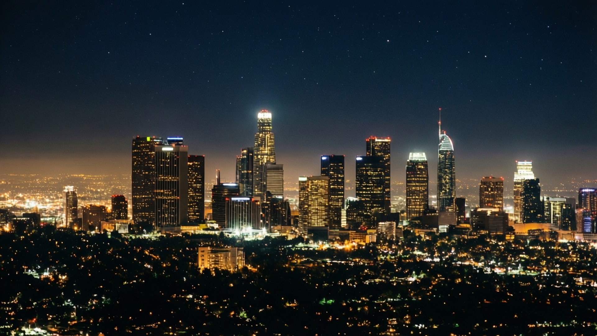 Skyline Under Stars 壁紙 — 城市天際線的 panoramic 夜景，高聳的摩天大樓在繁星點點的深藍色天空中閃耀。