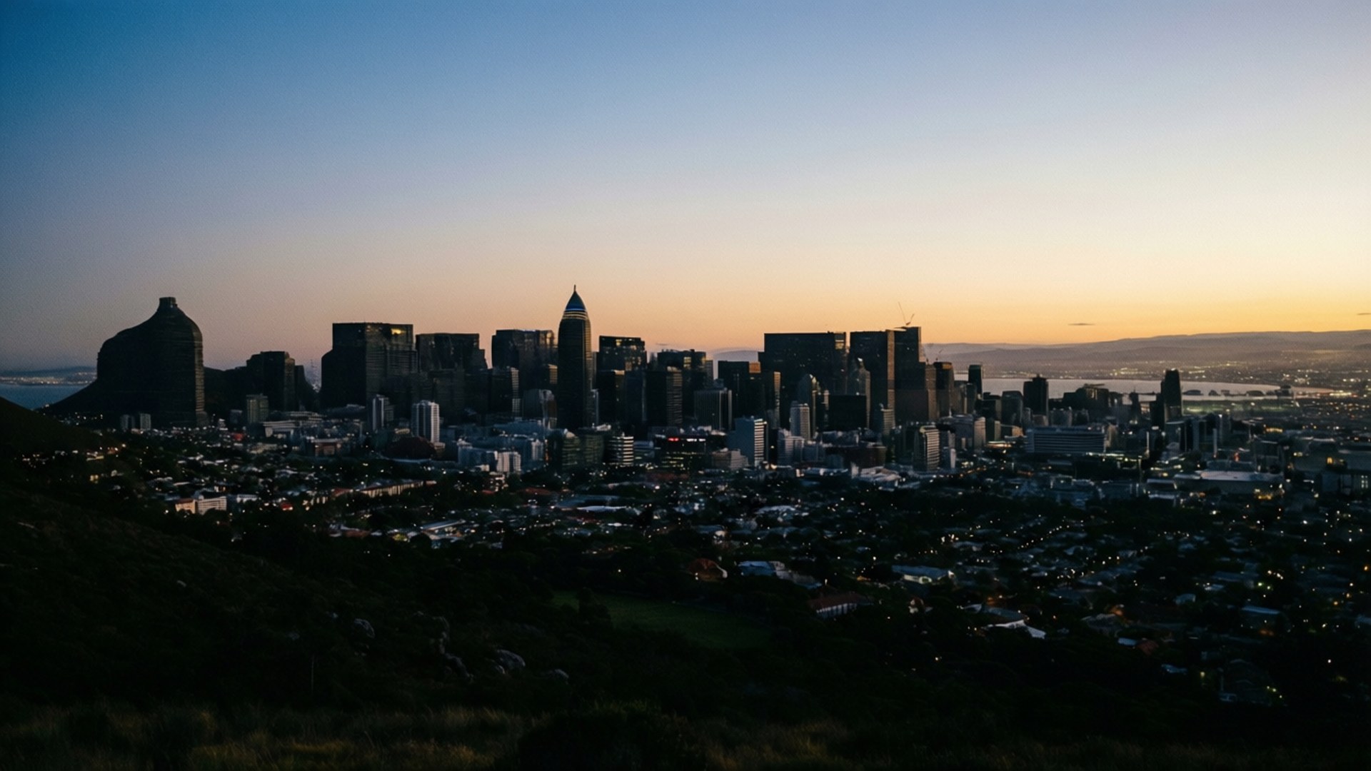 Signal Hill City Panorama 壁紙 — 開普敦天際線的日落全景，桌山在漸變天空下形成剪影。
