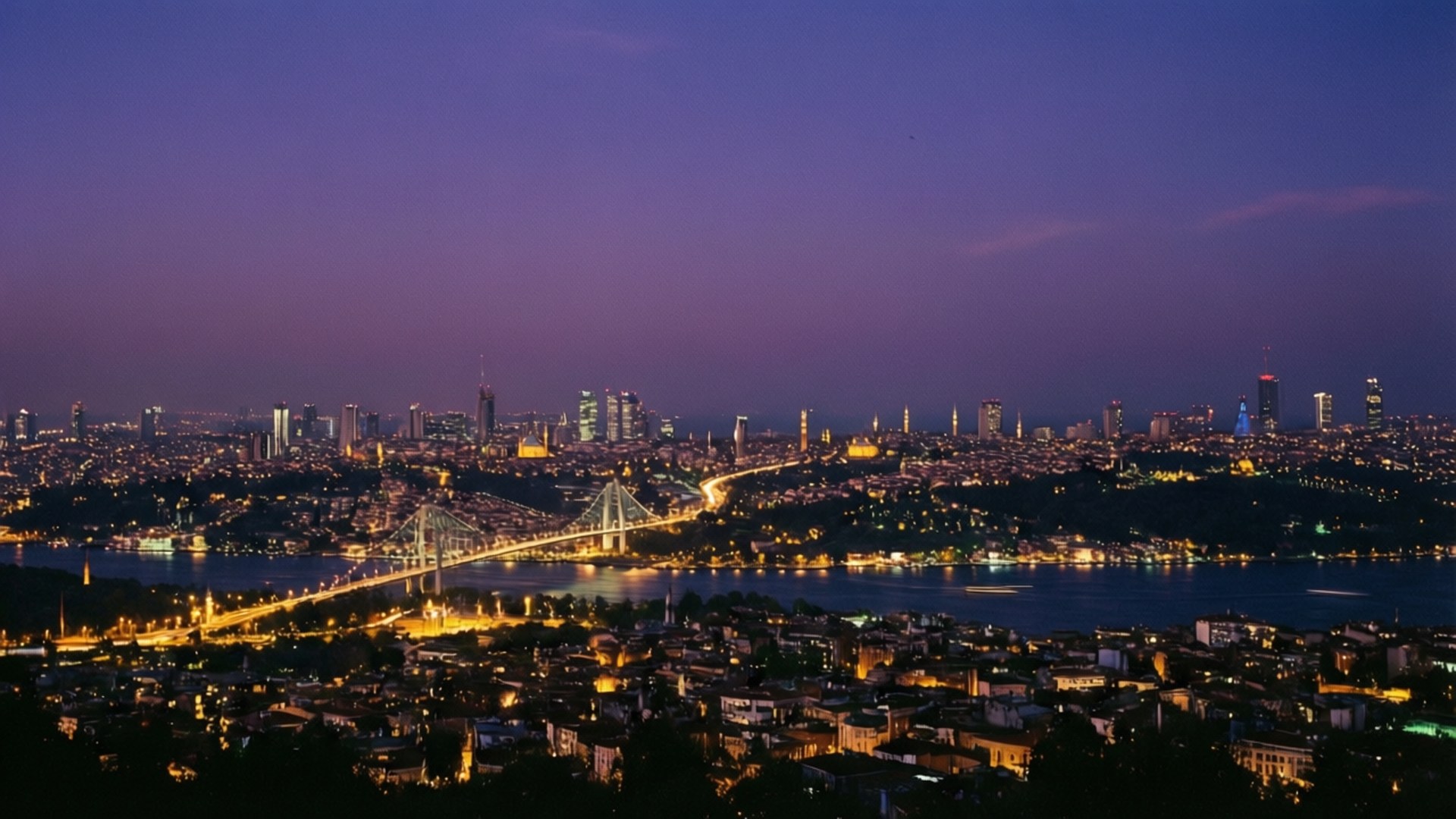 Çamlıca Hill Twilight Panorama 壁紙 — 伊斯坦堡的黃昏全景，在深紫色天空下，橋樑和水道上閃爍著城市燈光。