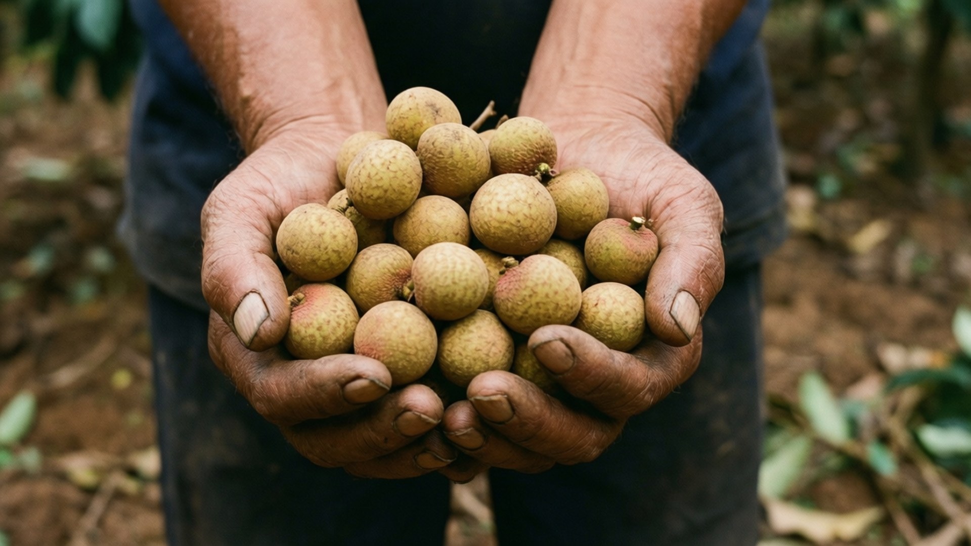 Longan 桌布 壁紙 — 飽經風霜的雙手捧著豐收的新鮮荔枝，背景是模糊的泥土花園。