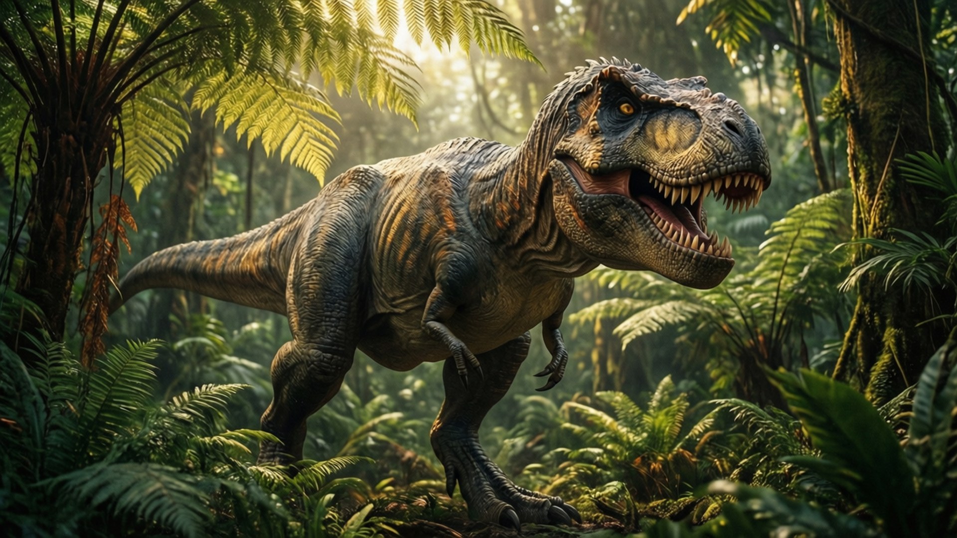 Dinosaur King 桌布 壁紙 — 一隻咆哮的暴龍站在陽光斑駁的史前叢林中，周圍是茂密的蕨類植物。