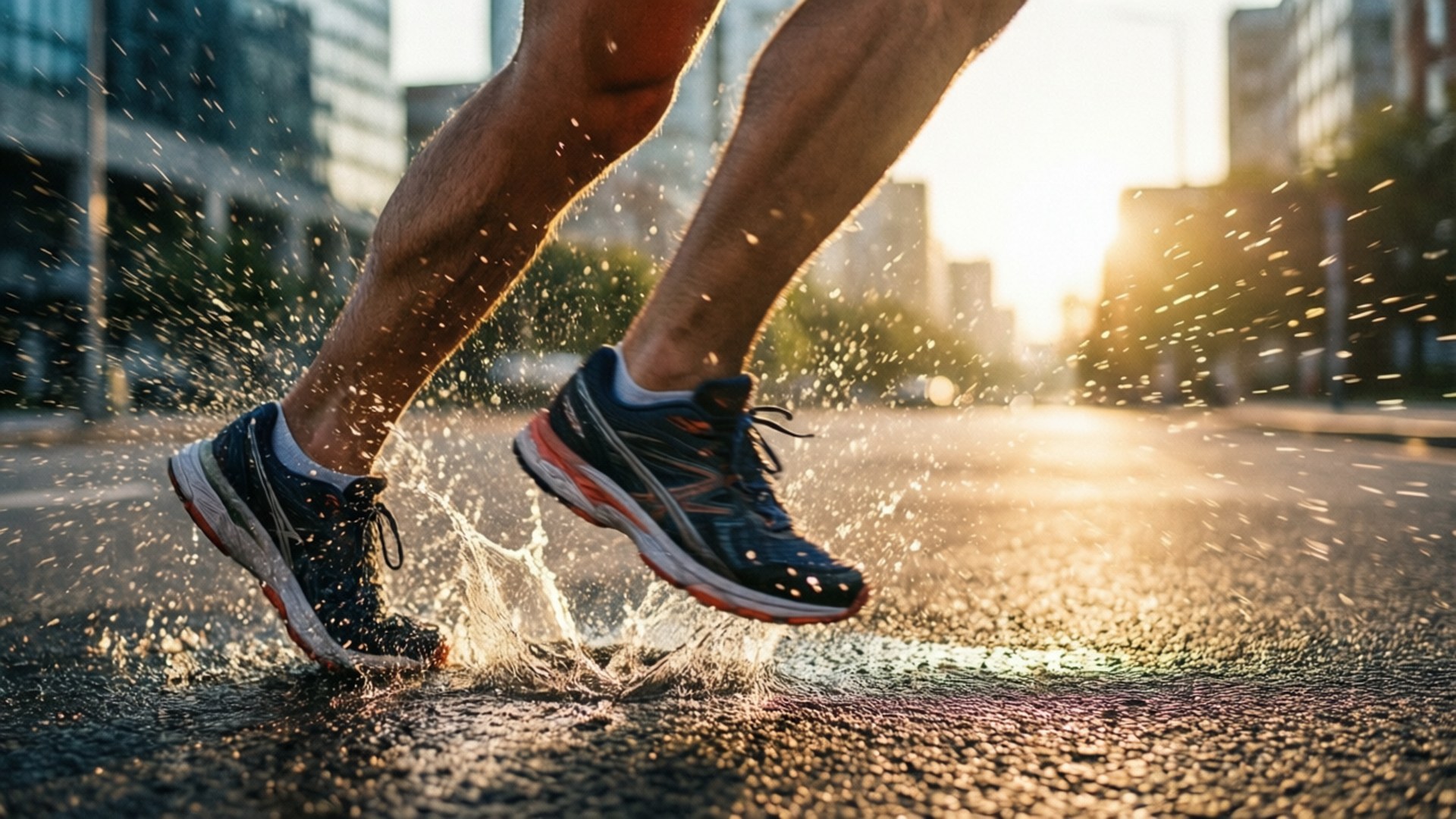 Dawn Run 壁紙 — 跑者的腿在運動中濺起水花，穿過黃金時段濕漉漉的城市街道，伴隨著太陽眩光。