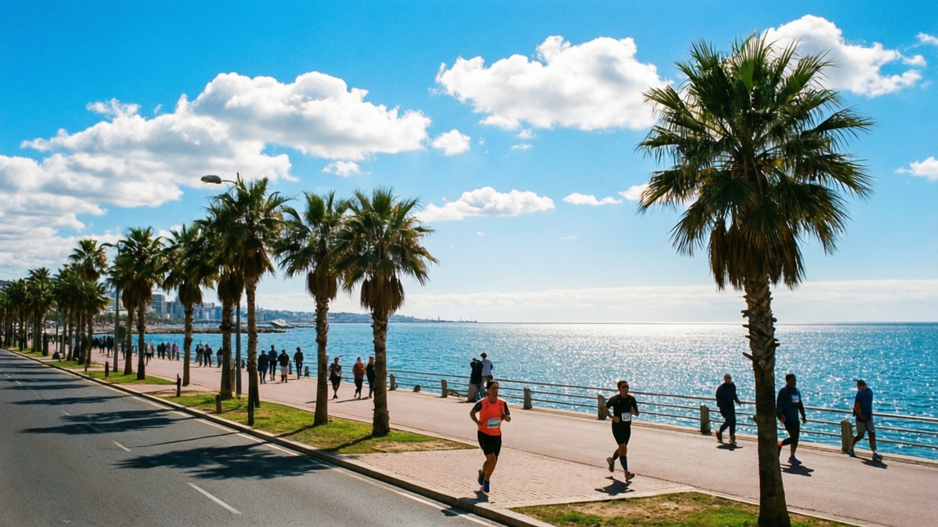 Marine Drive Promenade 壁紙 — 跑者沿著棕櫚樹成行的海濱長廊慢跑，頭頂是明亮的藍天和蓬鬆的白雲。