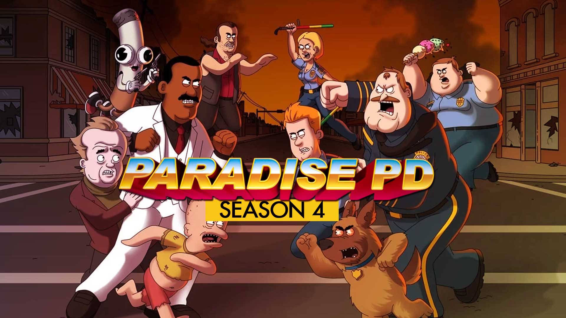 桌布 壁紙 — Paradise PD 第四季的卡通角色帶著誇張的表情混亂地跑過一條燃燒的街道。