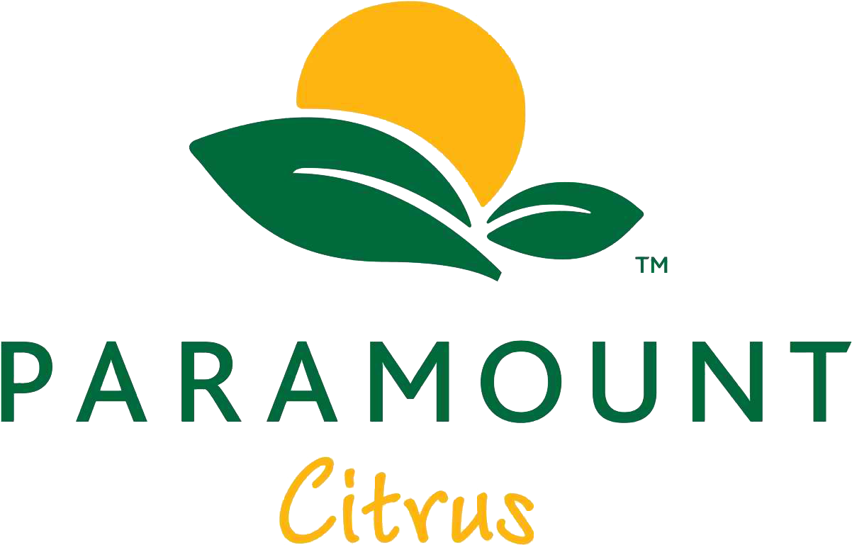Logo Design 桌布 壁紙 — Paramount Citrus 標誌，綠色葉子托著黃色太陽，位於粗體綠色文字和黃色柑橘文字上方。