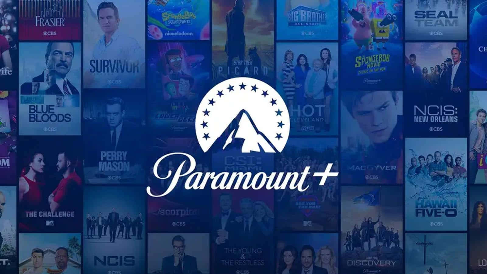 電影 桌布 壁紙 — Paramount+ 標誌居中於深藍色調的電視節目海報網格之上。